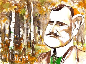 Jean Sibelius, gekarikaturiseerd als jongere man door Neale Osborne